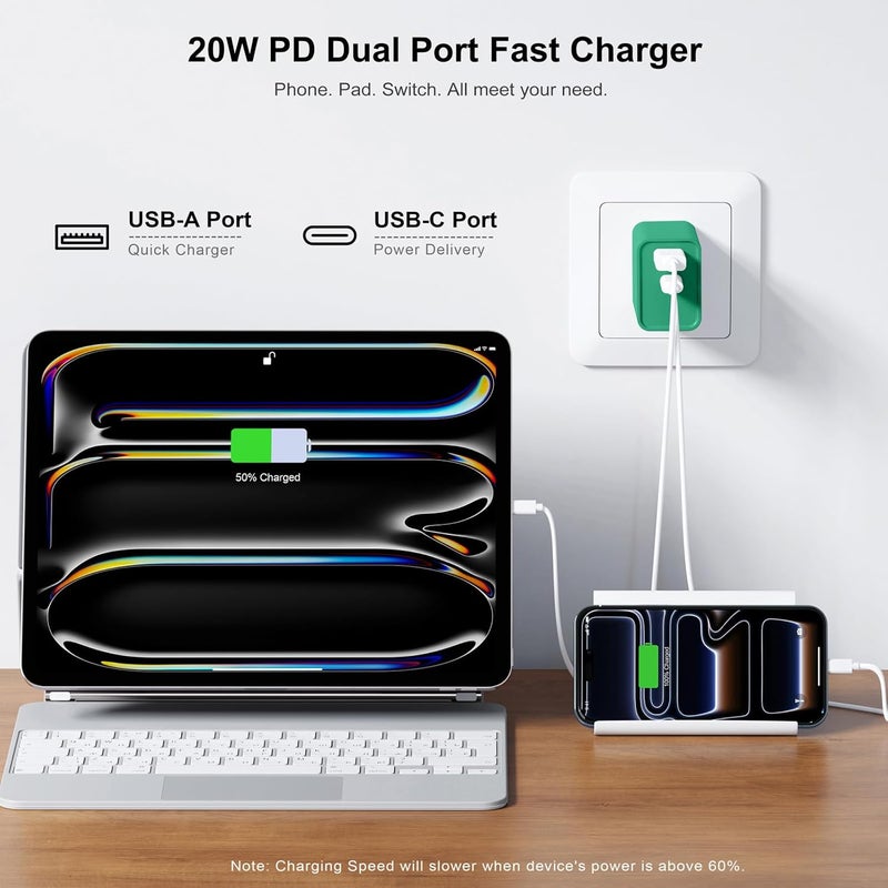 CSODINCE 20W USB C Fast Charger, 3Pack Durable Dual Port PD 3.0 with USB A Wall Charger Block for iPhone, iPad Pro, AirPods Pro, Samsung Galaxy, Motorola, LG, Google Pixel Brick Plug Power Adapter(Green) - Image 2